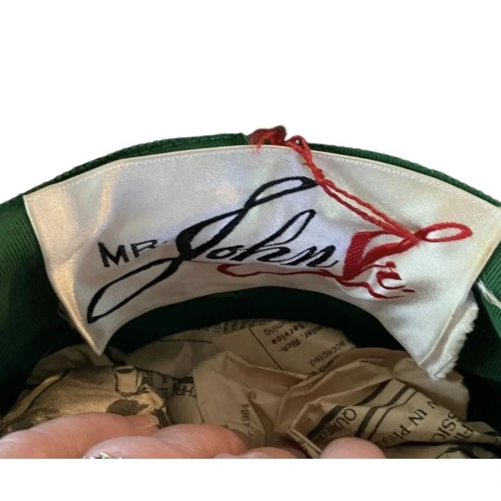 True Vintage MR. JOHN JR. Wide Brim Hat Green Faux Fur NAVY RIBBON BAND Cloche